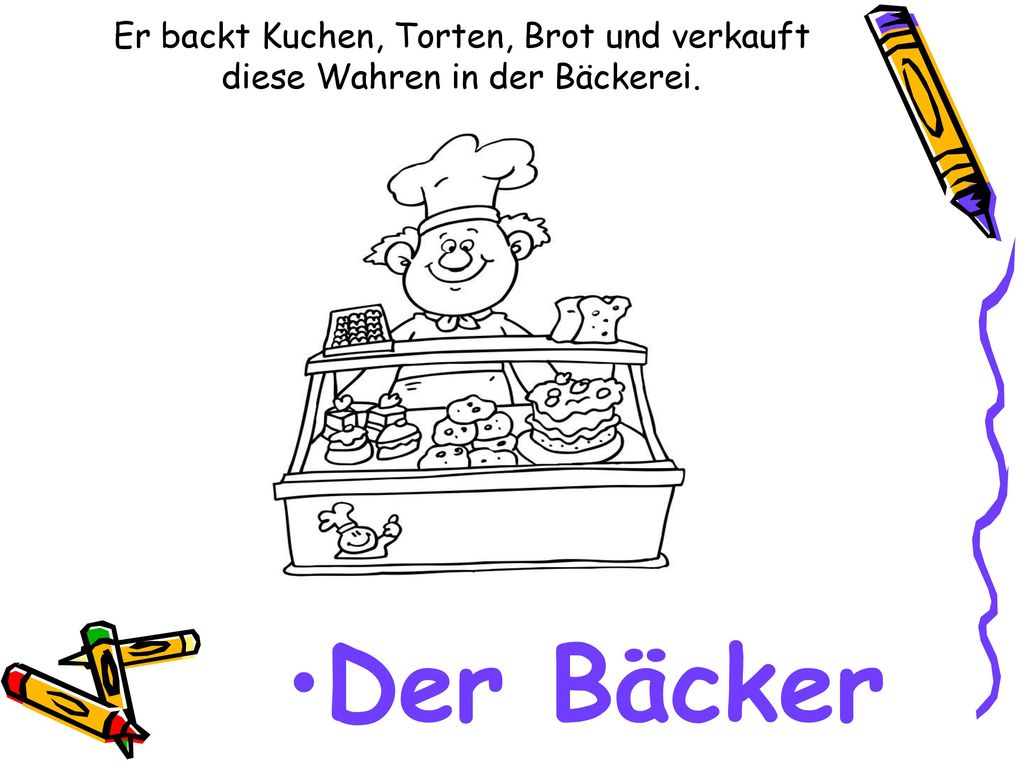Er backt Kuchen, Torten, Brot und verkauft diese Wahren in der Bäckerei.