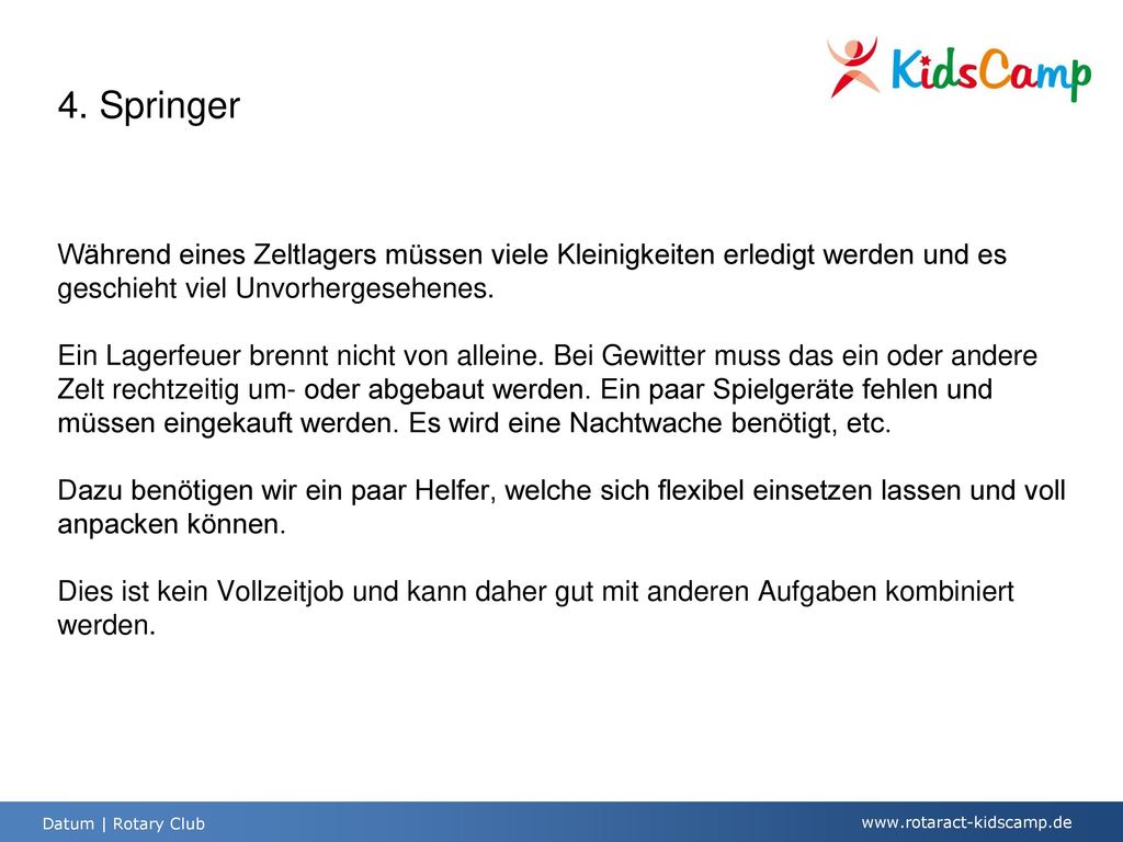 4. Springer Während eines Zeltlagers müssen viele Kleinigkeiten erledigt werden und es geschieht viel Unvorhergesehenes.