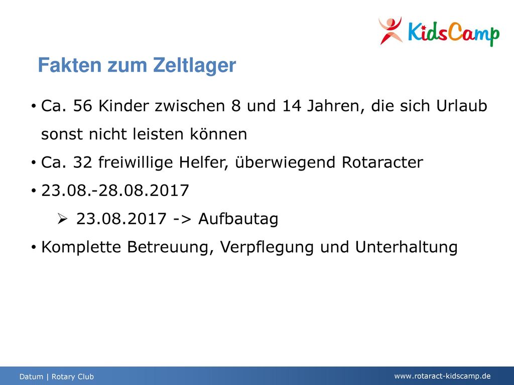 Fakten zum Zeltlager Ca. 56 Kinder zwischen 8 und 14 Jahren, die sich Urlaub sonst nicht leisten können.
