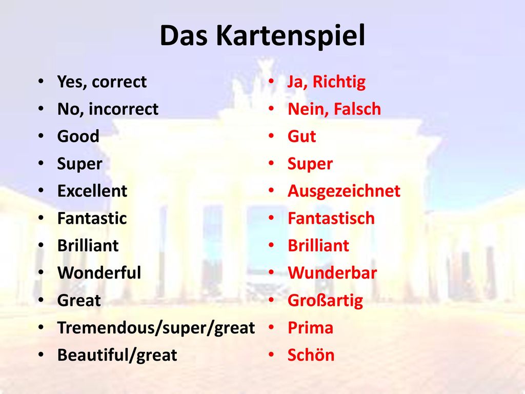Das Kartenspiel Yes, correct No, incorrect Good Super Excellent