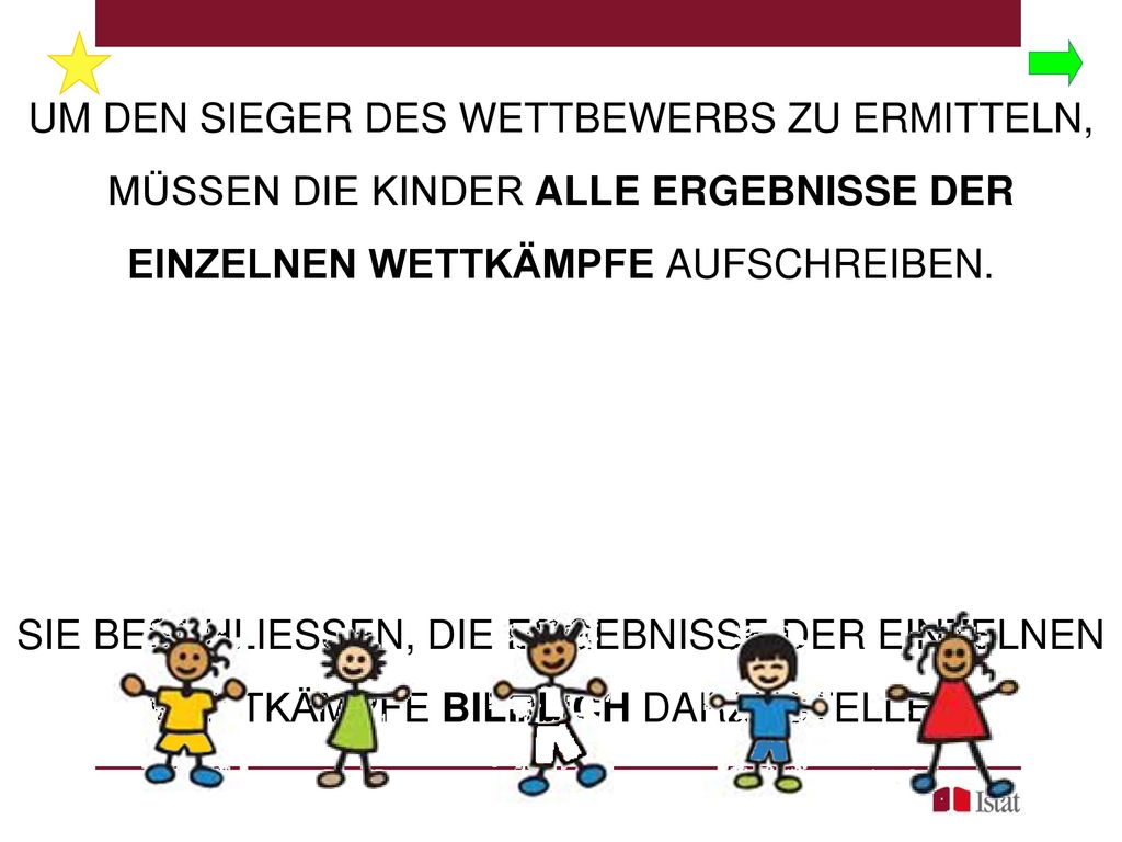 UM DEN SIEGER DES WETTBEWERBS ZU ERMITTELN, MÜSSEN DIE KINDER ALLE ERGEBNISSE DER EINZELNEN WETTKÄMPFE AUFSCHREIBEN.