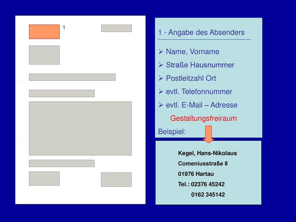 1 - Angabe des Absenders Name, Vorname Straße Hausnummer