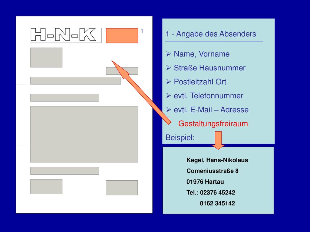 H-N-K 1 - Angabe des Absenders Name, Vorname Straße Hausnummer