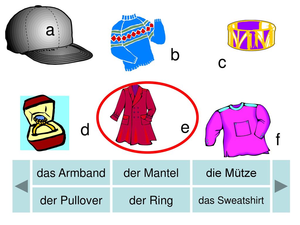 a b b c e d f das Armband der Mantel die Mütze der Pullover der Ring