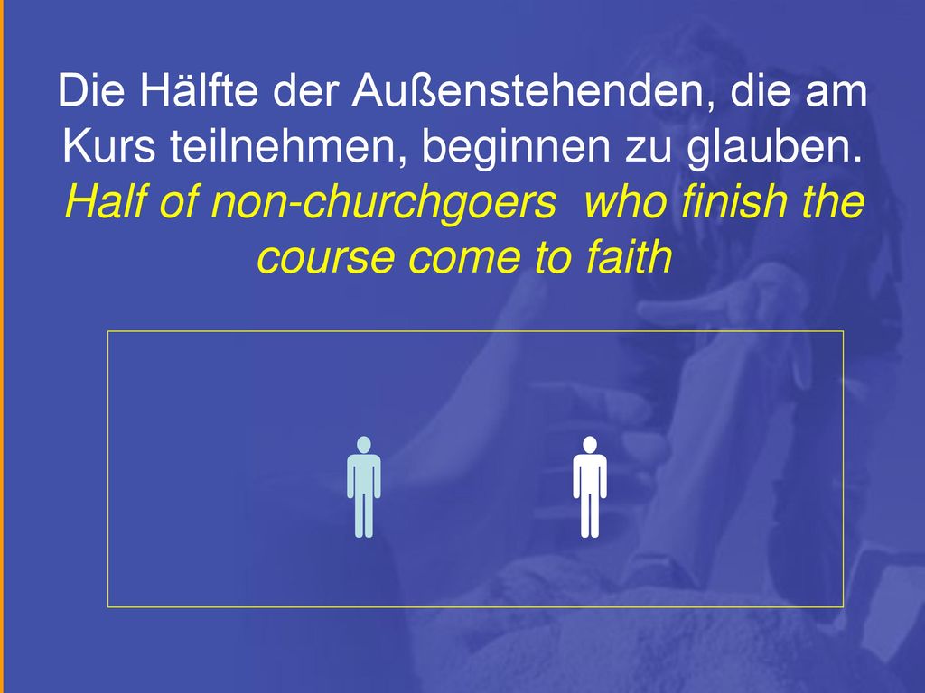 Die Hälfte der Außenstehenden, die am Kurs teilnehmen, beginnen zu glauben. Half of non-churchgoers who finish the course come to faith