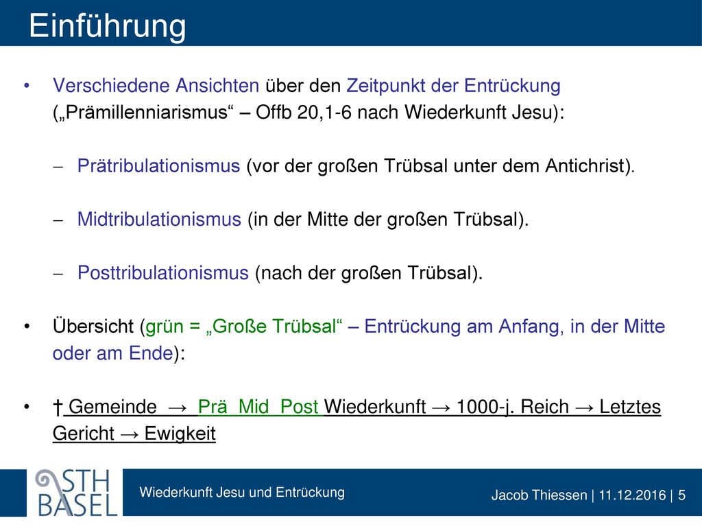 Einführung Verschiedene Ansichten über den Zeitpunkt der Entrückung („Prämillenniarismus – Offb 20,1-6 nach Wiederkunft Jesu):