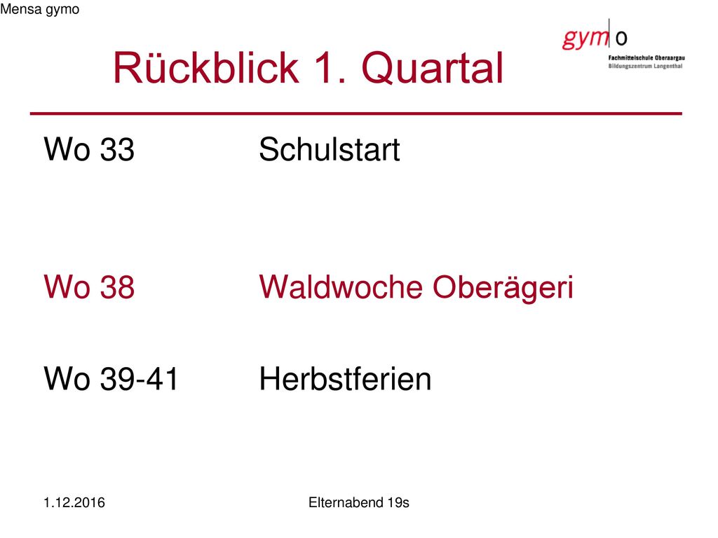 Rückblick 1. Quartal Wo 33 Schulstart Wo 38 Waldwoche Oberägeri Wo Herbstferien