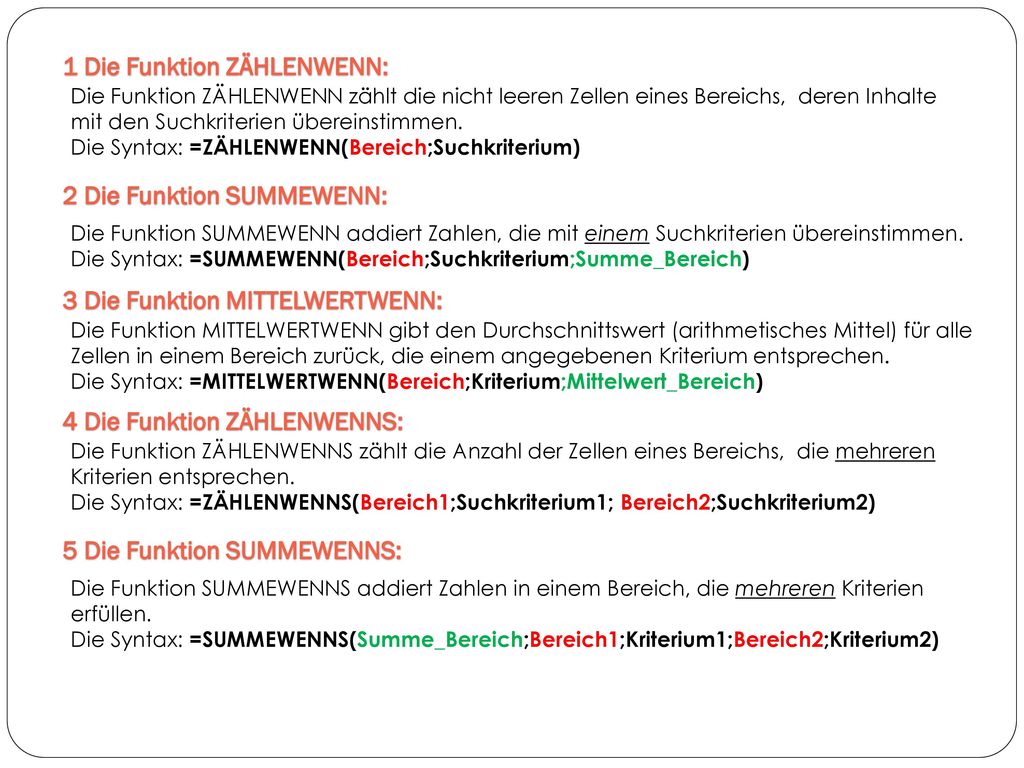 Funktionen in Excel ZÄHLENWENN ZÄHLENWENNS SUMMEWENN SUMMEWENNS - ppt video  online herunterladen