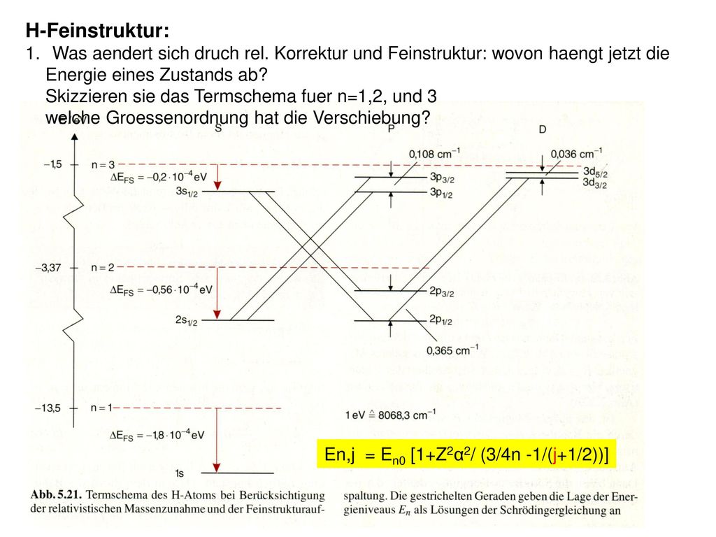 H-Feinstruktur: Was aendert sich druch rel. Korrektur und Feinstruktur: wovon haengt jetzt die. Energie eines Zustands ab