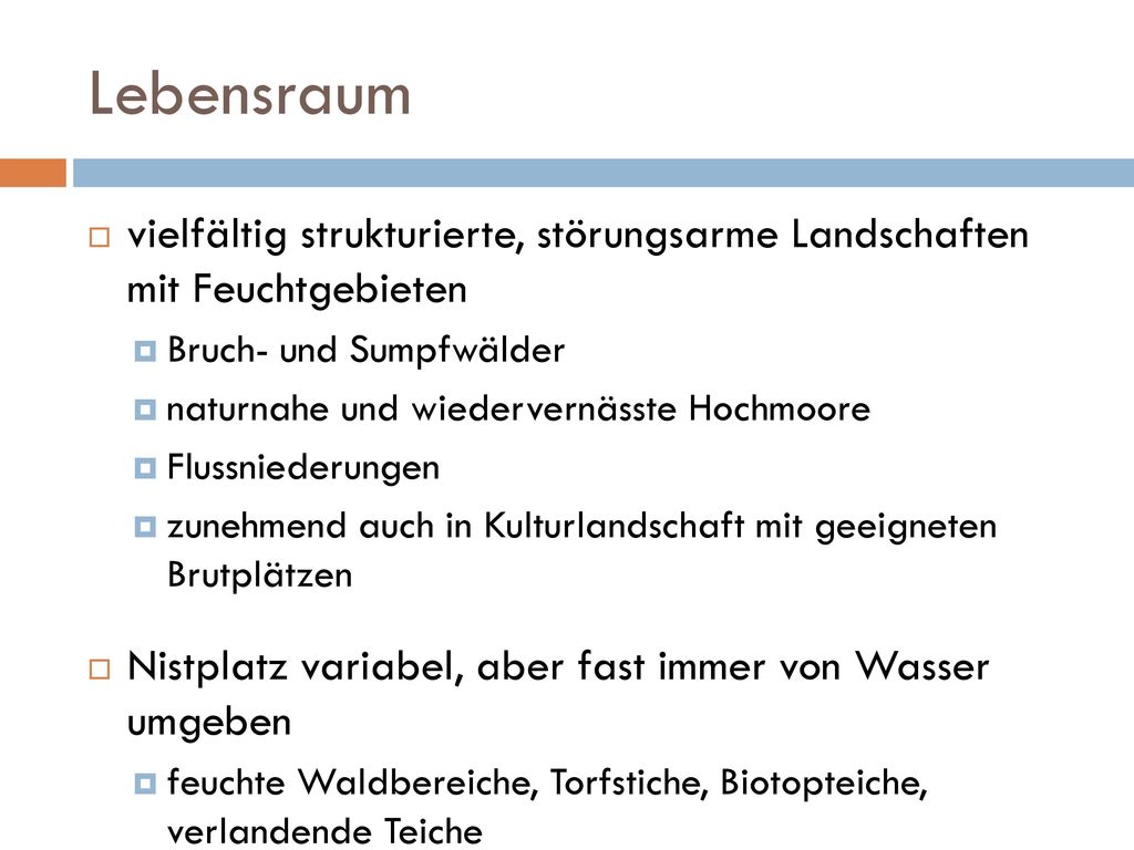 Lebensraum vielfältig strukturierte, störungsarme Landschaften mit Feuchtgebieten. Bruch- und Sumpfwälder.