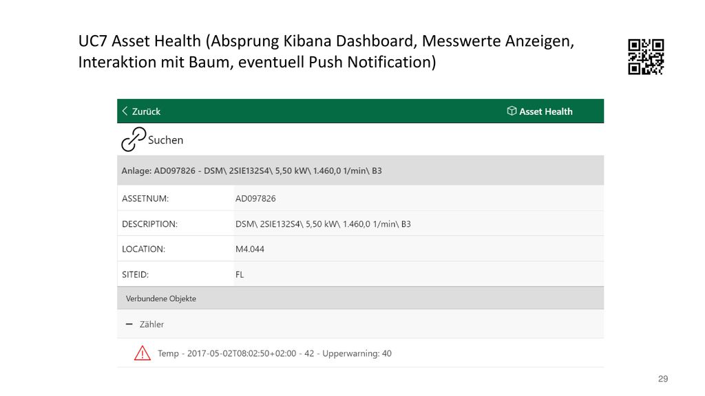 UC7 Asset Health (Absprung Kibana Dashboard, Messwerte Anzeigen, Interaktion mit Baum, eventuell Push Notification)