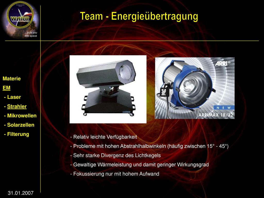 Materie EM. - Laser. - Strahler. - Mikrowellen. - Solarzellen. - Filterung. Relativ leichte Verfügbarkeit.