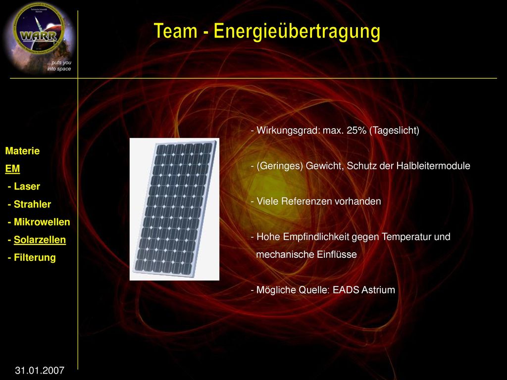 - Wirkungsgrad: max. 25% (Tageslicht)