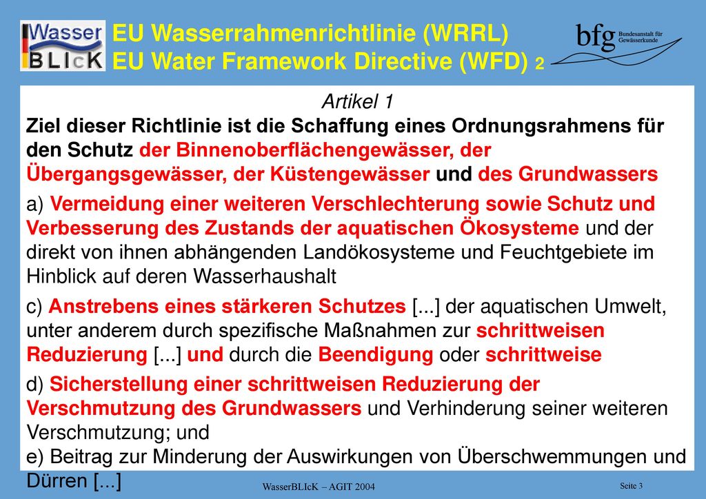 EU Wasserrahmenrichtlinie (WRRL) EU Water Framework Directive (WFD) 2