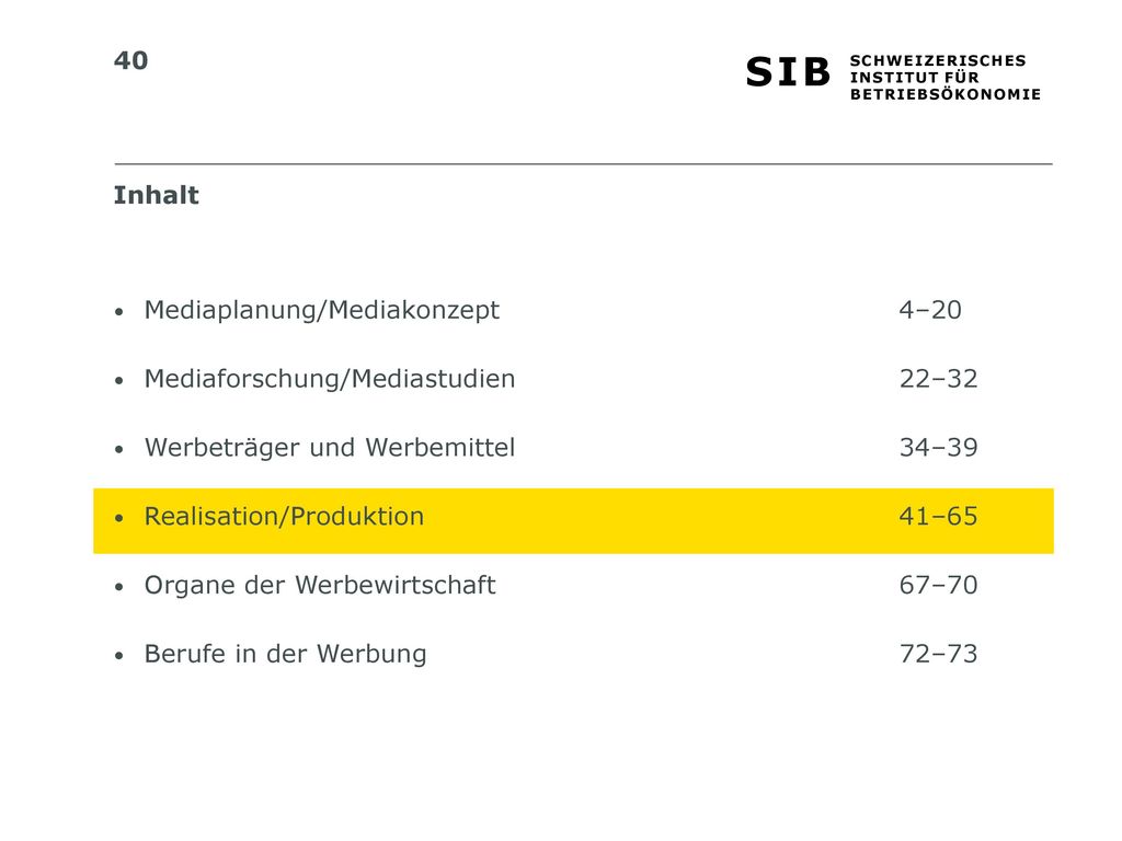 Inhalt Mediaplanung/Mediakonzept 4–20. Mediaforschung/Mediastudien 22–32. Werbeträger und Werbemittel 34–39.