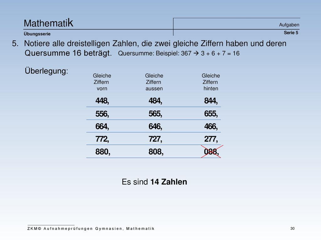 Mathematik Aufgaben Serie 5. Übungsserie. Notiere alle dreistelligen Zahlen, die zwei gleiche Ziffern haben und deren.