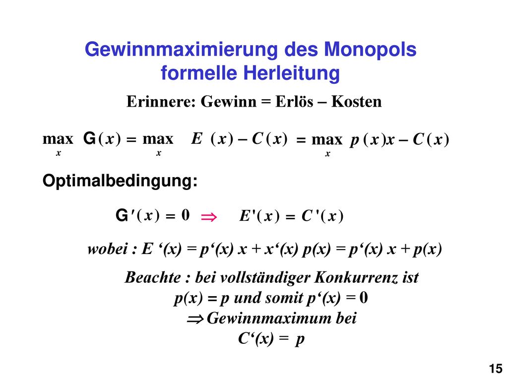 Gewinnmaximierung eines Monopolisten Grenzertrag = Grenzkosten