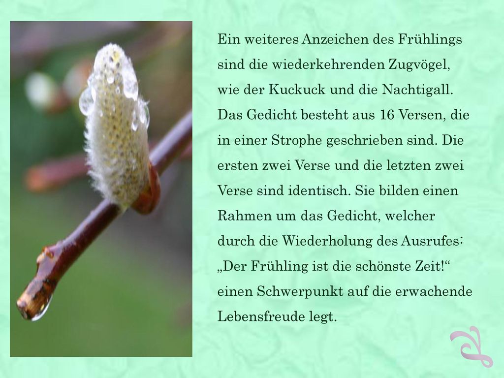 Ein weiteres Anzeichen des Frühlings sind die wiederkehrenden Zugvögel, wie der Kuckuck und die Nachtigall.