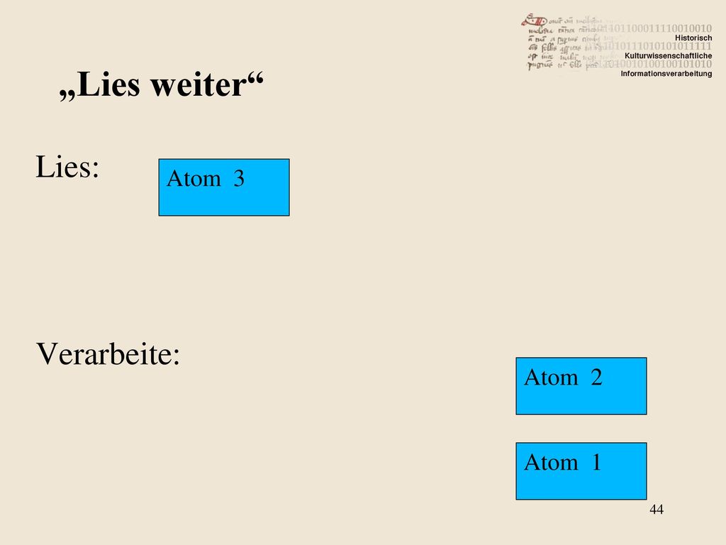 „Lies weiter Lies: Verarbeite: Atom 3 Atom 2 Atom 1
