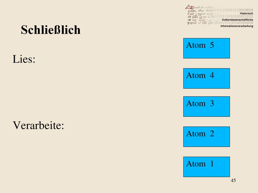 Schließlich Atom 5 Lies: Verarbeite: Atom 4 Atom 3 Atom 2 Atom 1