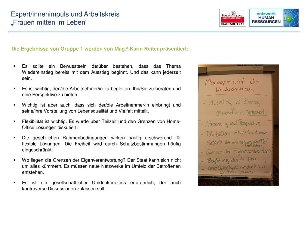 Die Ergebnisse von Gruppe 1 werden von Mag.a Karin Reiter präsentiert: