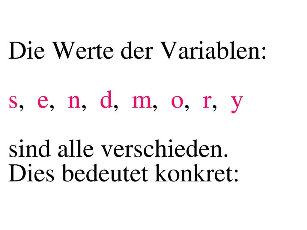 Die Werte der Variablen: s, e, n, d, m, o, r, y sind alle verschieden
