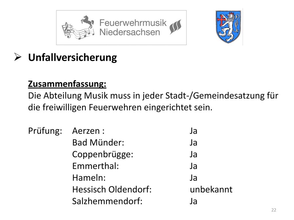 Unfallversicherung Zusammenfassung: Die Abteilung Musik muss in jeder Stadt-/Gemeindesatzung für die freiwilligen Feuerwehren eingerichtet sein.