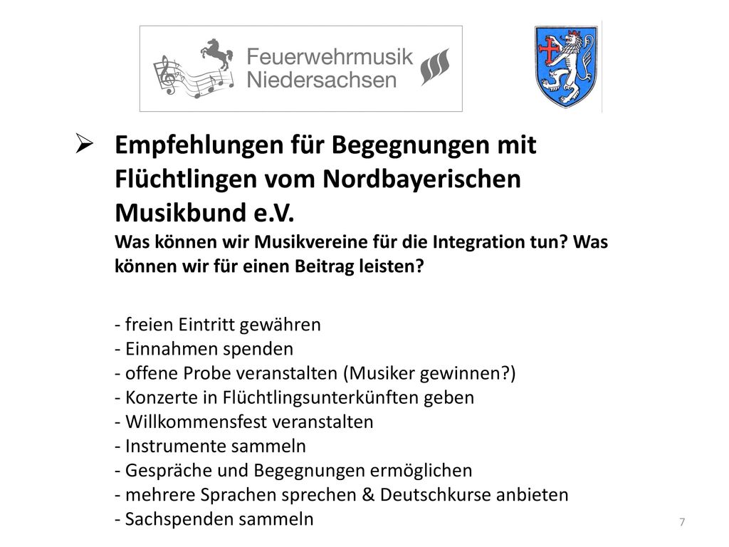 Empfehlungen für Begegnungen mit Flüchtlingen vom Nordbayerischen Musikbund e.V.