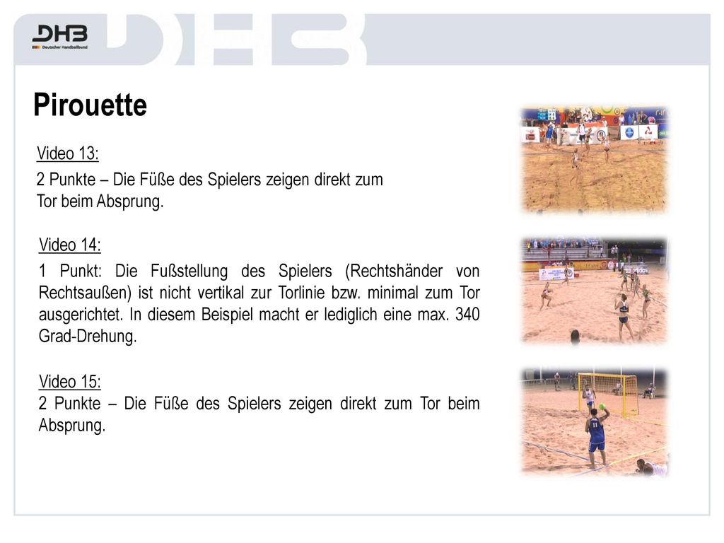 Pirouette Video 13: 2 Punkte – Die Füße des Spielers zeigen direkt zum Tor beim Absprung. Video 14: