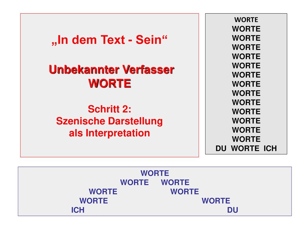 „In dem Text - Sein Unbekannter Verfasser WORTE Schritt 2: Szenische Darstellung als Interpretation