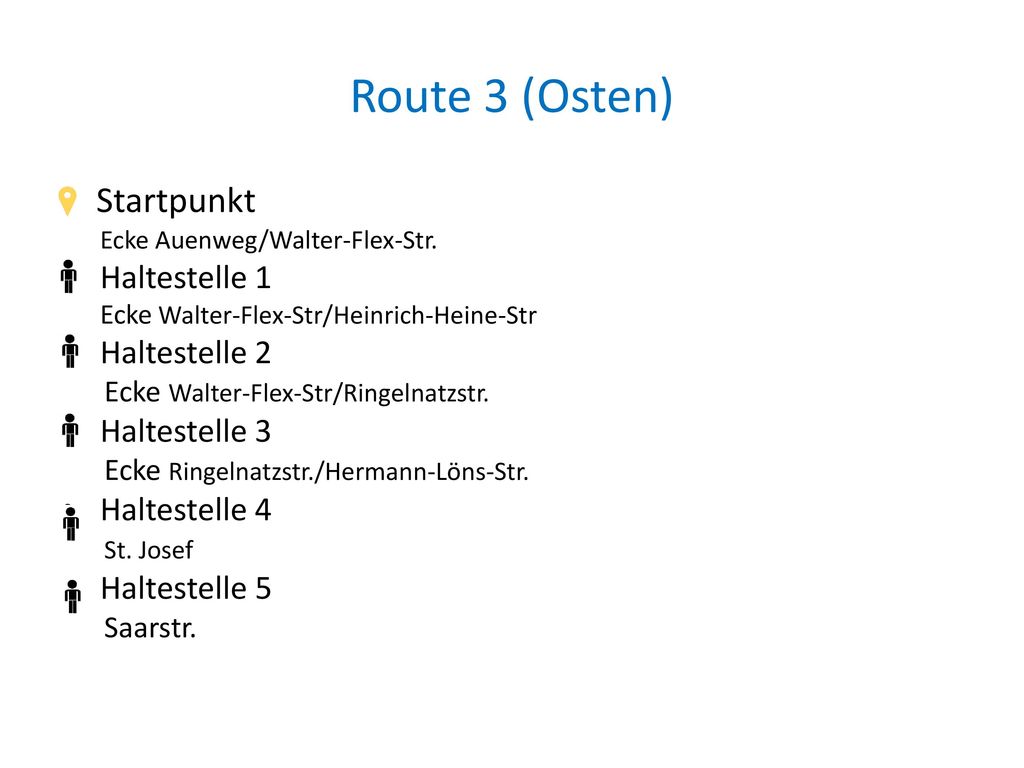 Route 2 (Westen) Startpunkt Haltestelle 1 Haltestelle 2 Haltestelle 3