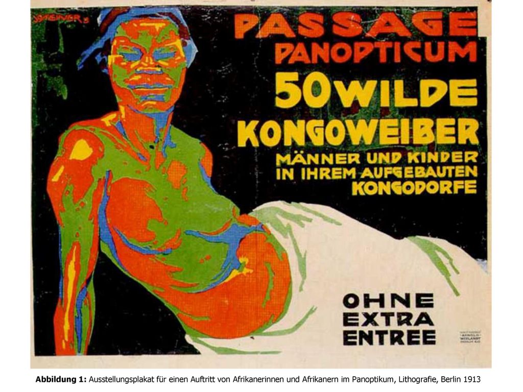Abbildung 1: Ausstellungsplakat für einen Auftritt von Afrikanerinnen und Afrikanern im Panoptikum, Lithografie, Berlin 1913
