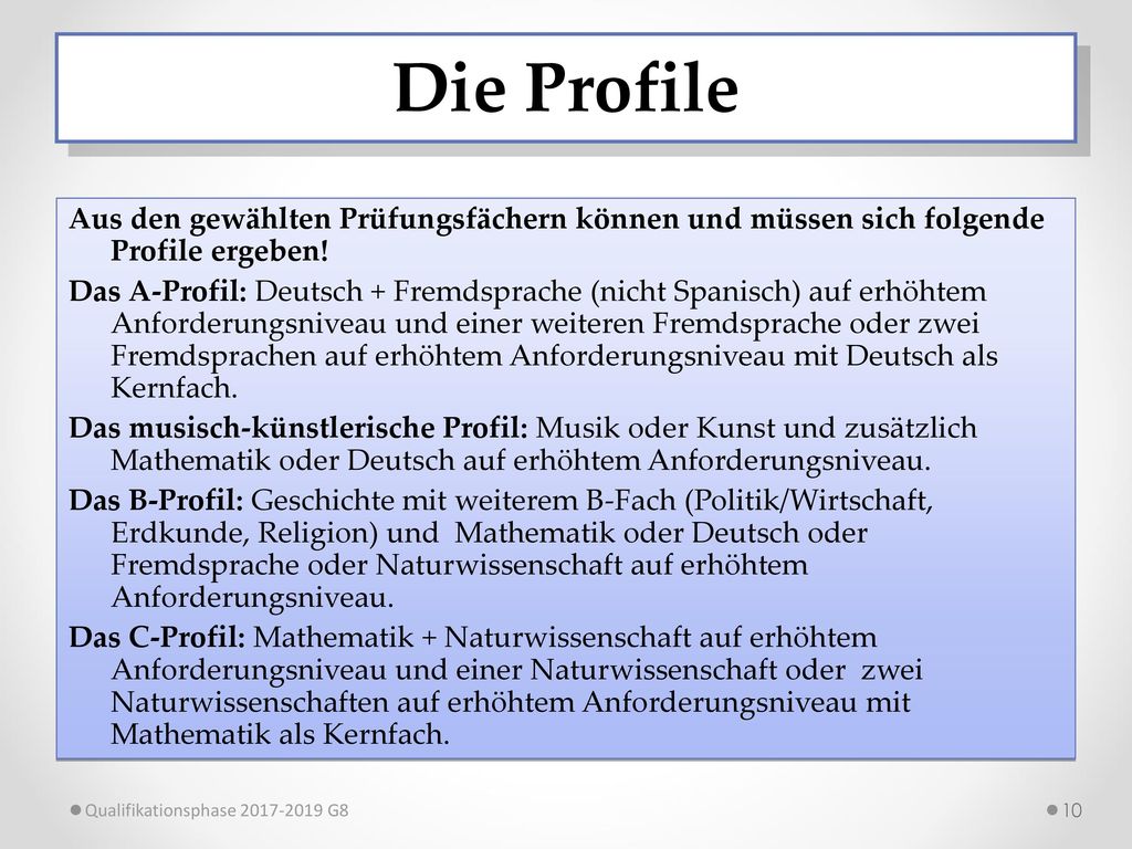 Die Profile Aus den gewählten Prüfungsfächern können und müssen sich folgende Profile ergeben!