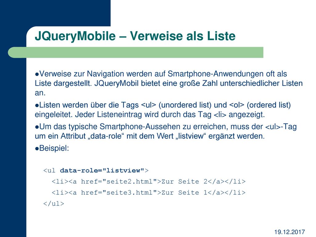 JQueryMobile – Verweise als Liste