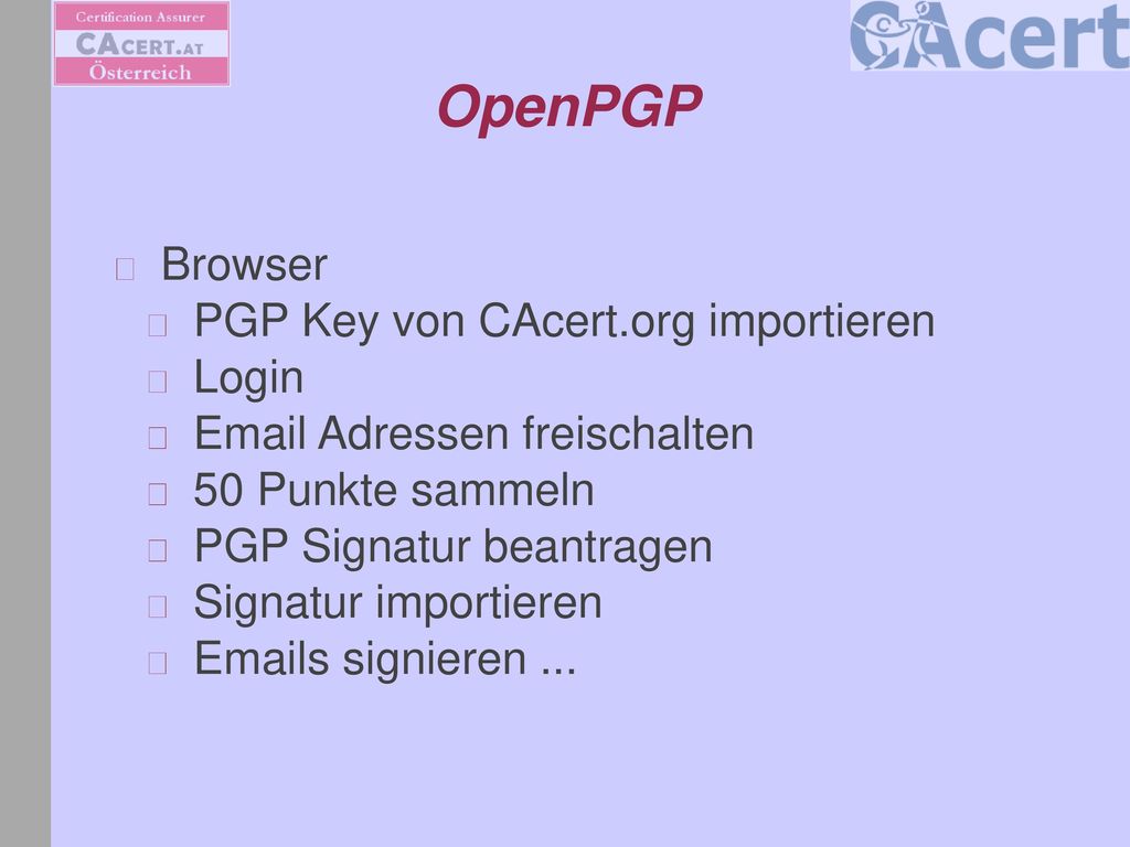 OpenPGP Browser PGP Key von CAcert.org importieren Login