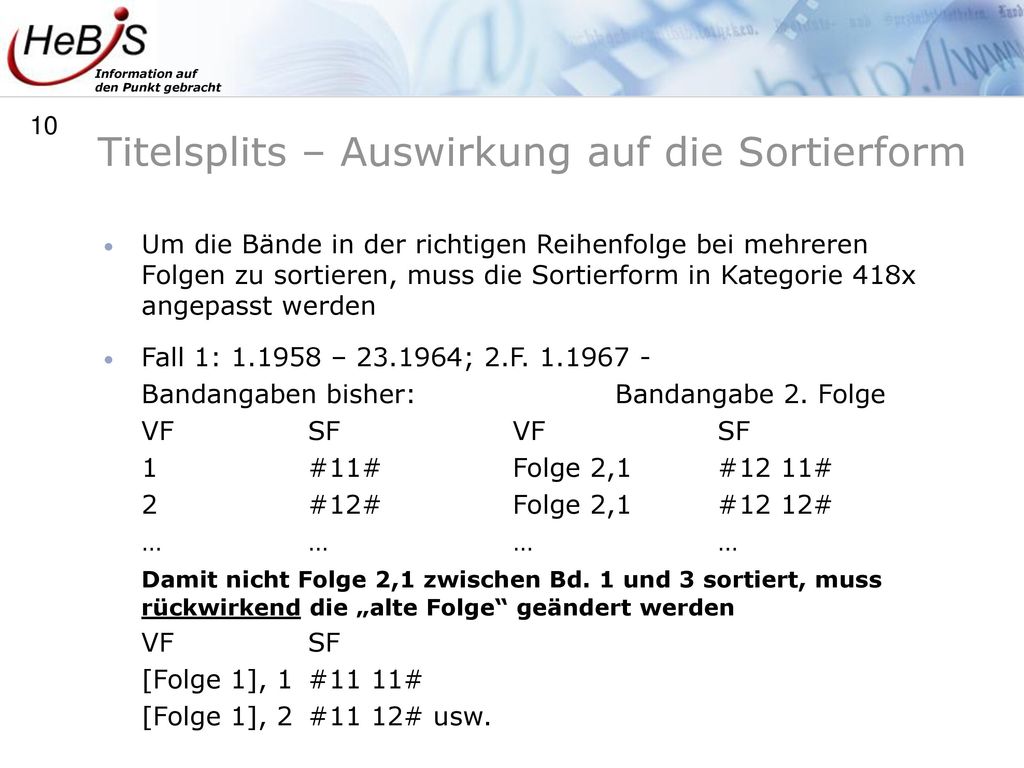 Titelsplits – Auswirkung auf die Sortierform