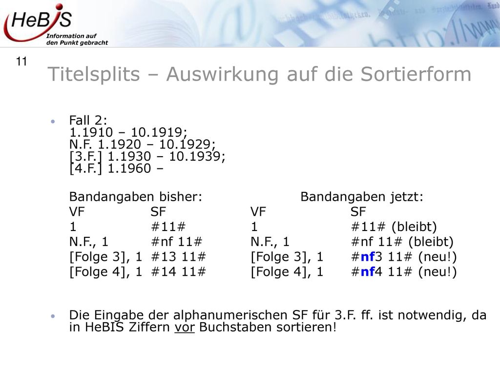Titelsplits – Auswirkung auf die Sortierform