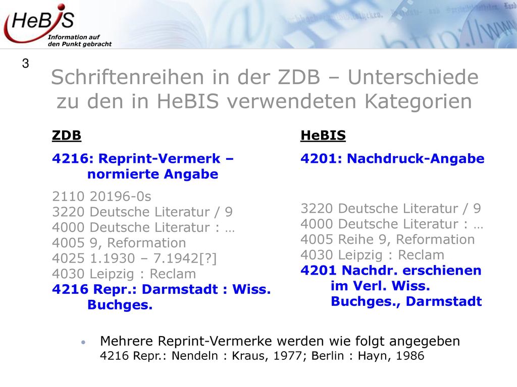 Schriftenreihen in der ZDB – Unterschiede zu den in HeBIS verwendeten Kategorien