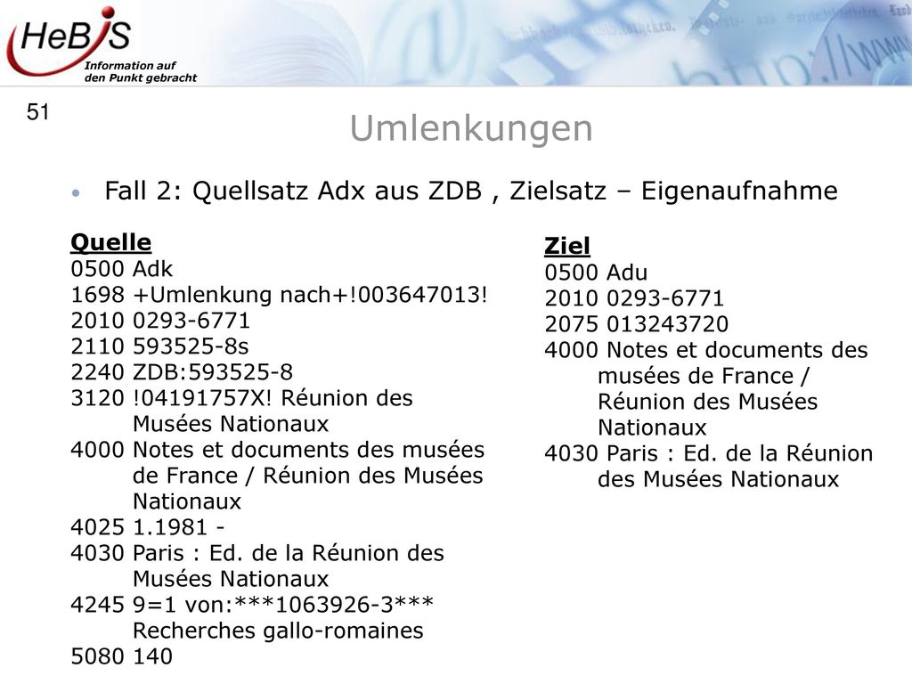 Umlenkungen Fall 2: Quellsatz Adx aus ZDB , Zielsatz – Eigenaufnahme