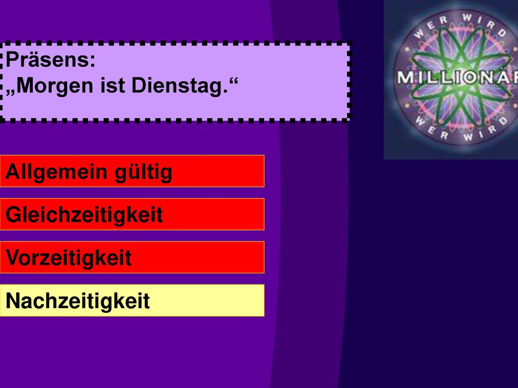 Präsens: „Morgen ist Dienstag. Allgemein gültig Gleichzeitigkeit Vorzeitigkeit Nachzeitigkeit