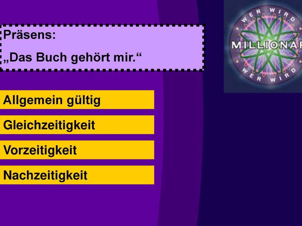 Präsens: „Das Buch gehört mir. Allgemein gültig Gleichzeitigkeit Vorzeitigkeit Nachzeitigkeit