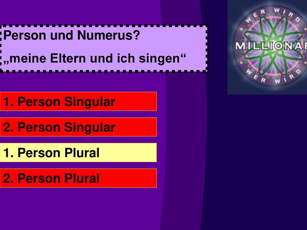 Person und Numerus „meine Eltern und ich singen 1. Person Singular. 2. Person Singular. 1. Person Plural.