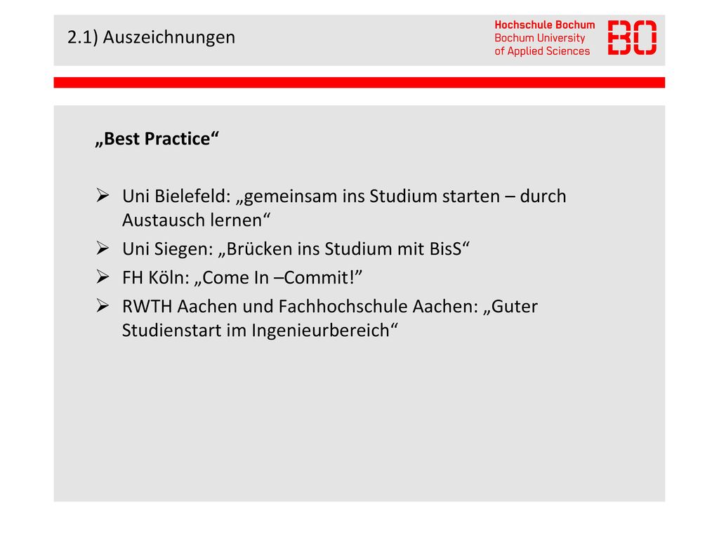 2.1) Auszeichnungen „Best Practice Uni Bielefeld: „gemeinsam ins Studium starten – durch Austausch lernen