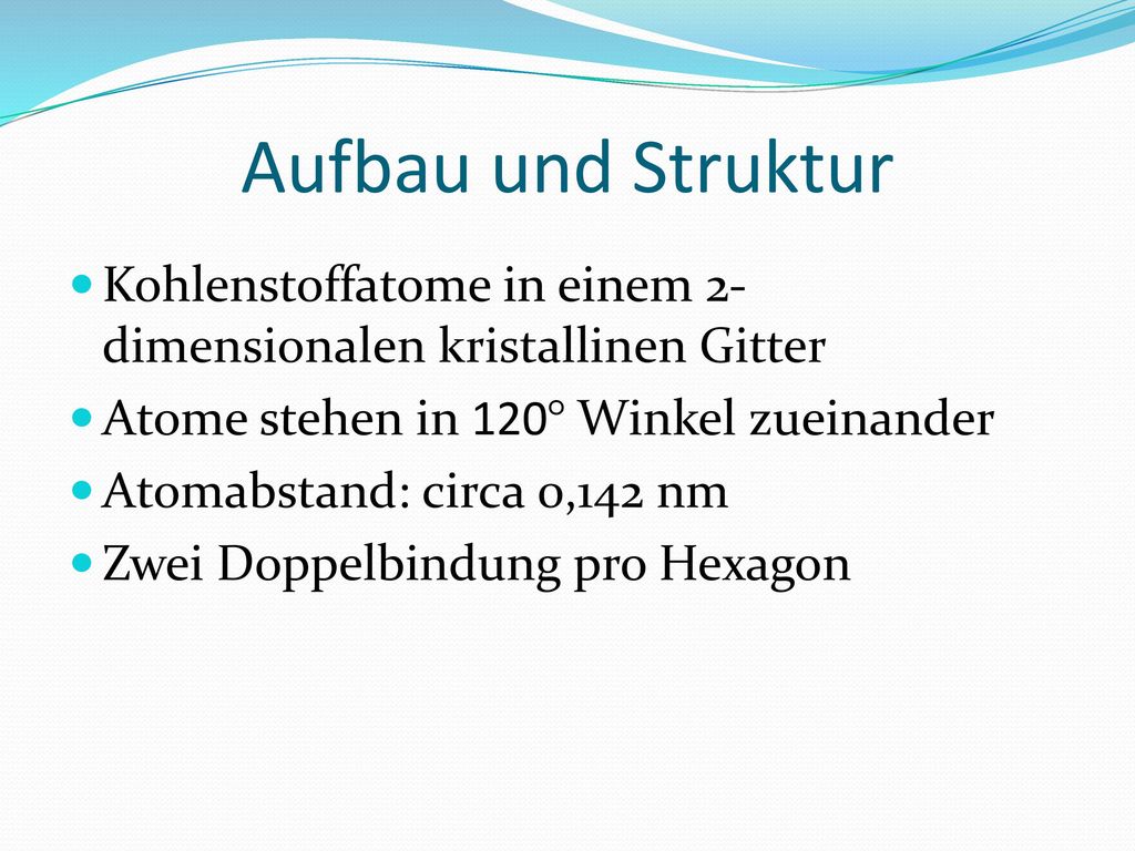 Aufbau und Struktur Kohlenstoffatome in einem 2-dimensionalen kristallinen Gitter. Atome stehen in 120° Winkel zueinander.