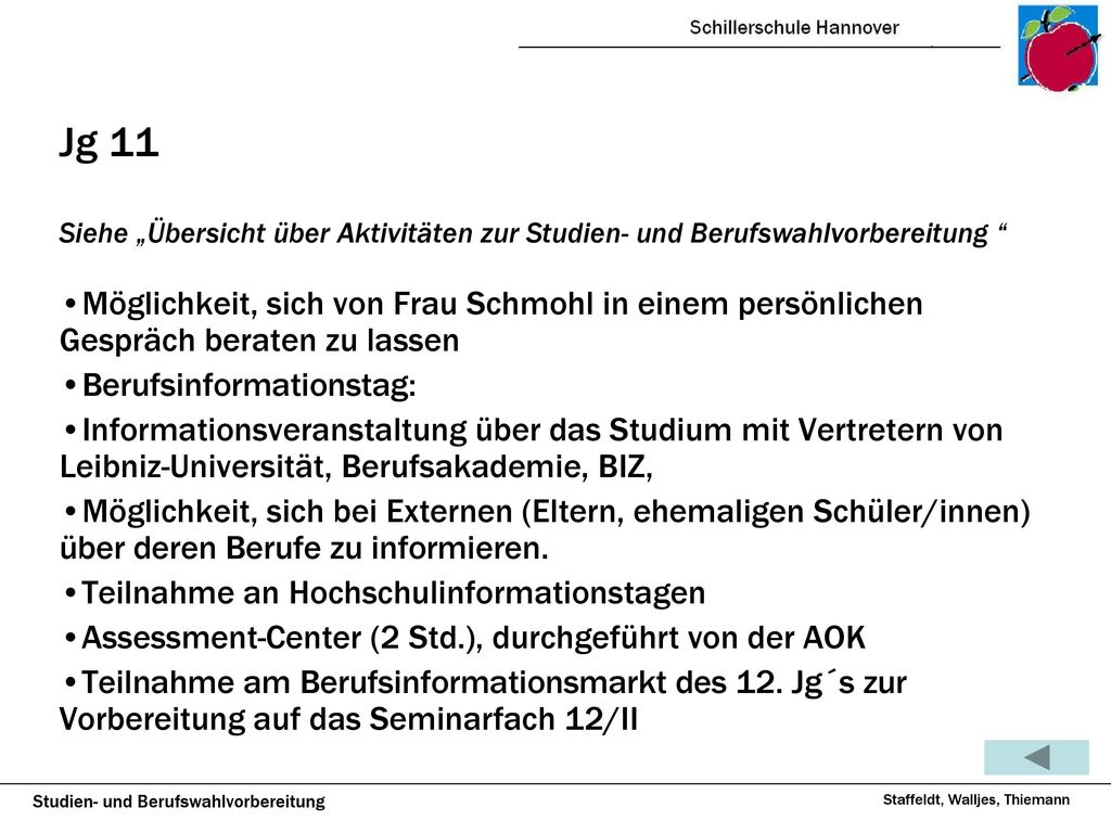 Jg 11 Siehe „Übersicht über Aktivitäten zur Studien- und Berufswahlvorbereitung