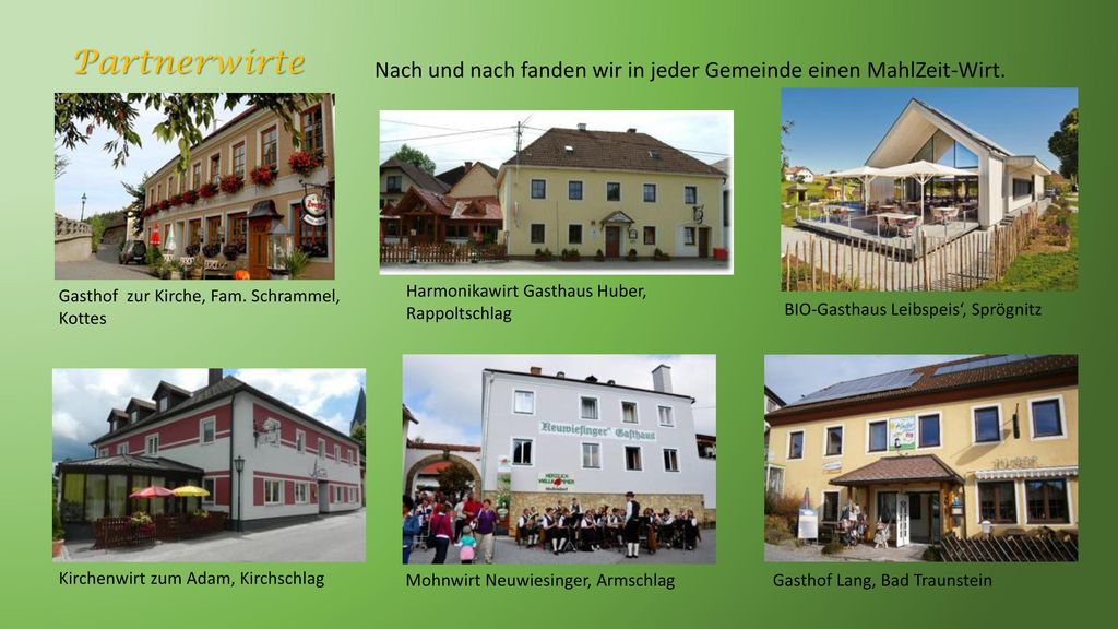 Partnerwirte Nach und nach fanden wir in jeder Gemeinde einen MahlZeit-Wirt. BIO-Gasthaus Leibspeis‘, Sprögnitz.