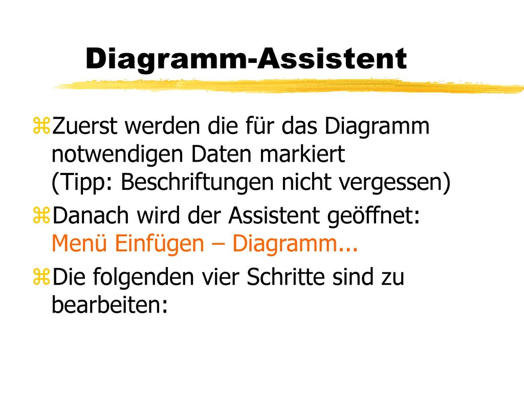 Diagramm-Assistent Zuerst werden die für das Diagramm notwendigen Daten markiert (Tipp: Beschriftungen nicht vergessen)