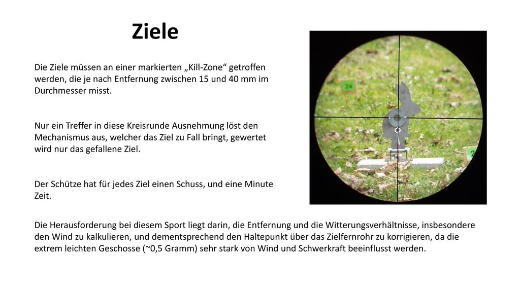 Ziele Die Ziele müssen an einer markierten „Kill-Zone getroffen werden, die je nach Entfernung zwischen 15 und 40 mm im Durchmesser misst.