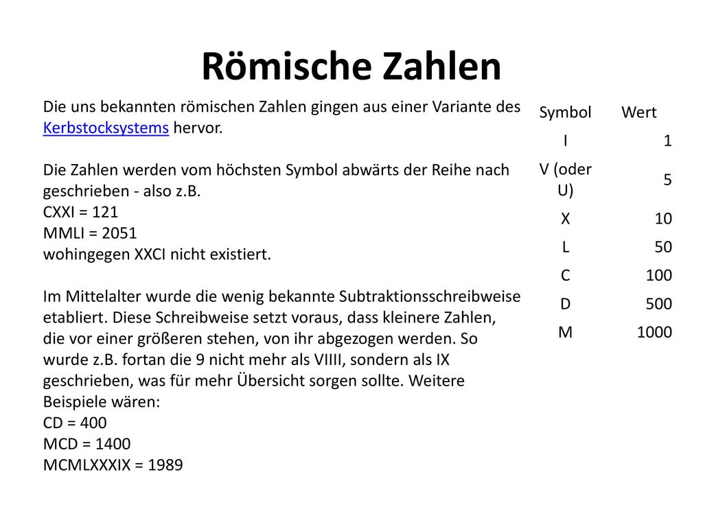 Römische Zahlen Die uns bekannten römischen Zahlen gingen aus einer Variante des Kerbstocksystems hervor.