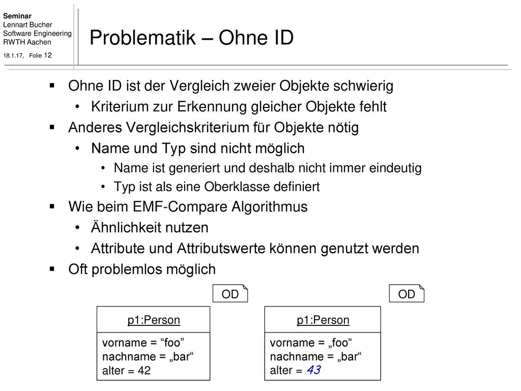 Problematik – Ohne ID Ohne ID ist der Vergleich zweier Objekte schwierig. Kriterium zur Erkennung gleicher Objekte fehlt.